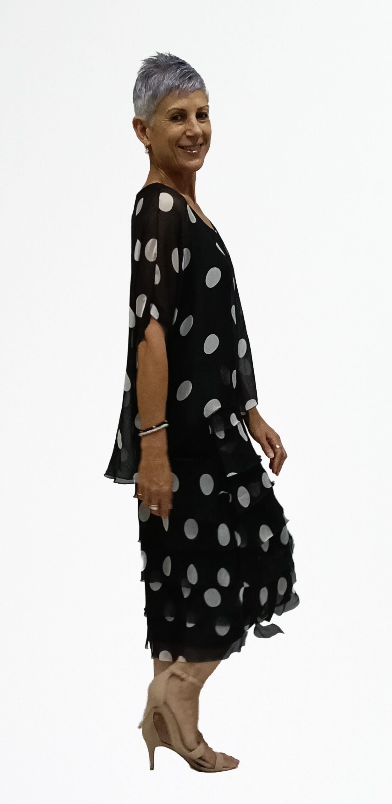 LA STRADA SILK LAYER DRESS IN BLACK WITH WHITE SPOTS
