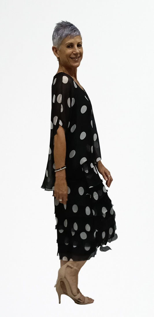 LA STRADA SILK LAYER DRESS IN BLACK WITH WHITE SPOTS
