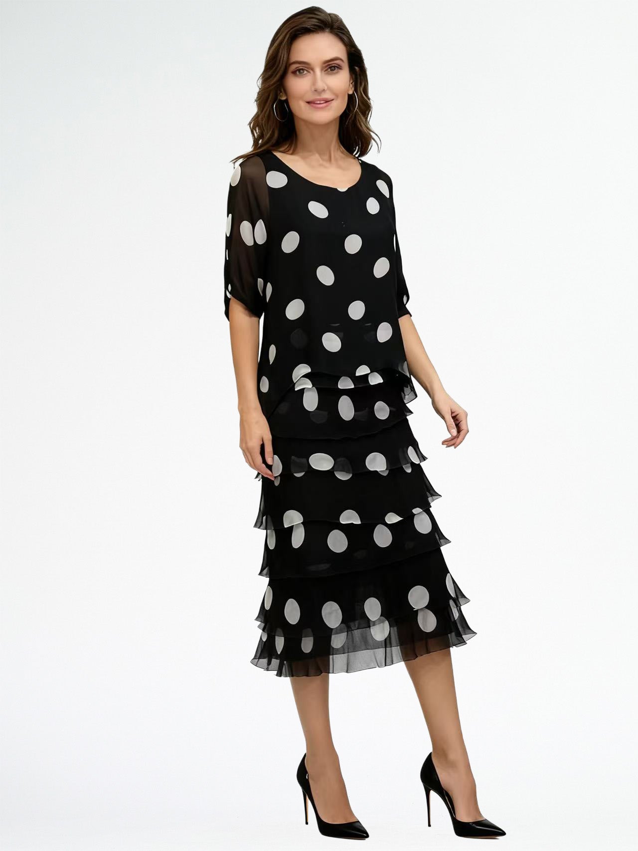 LA STRADA SILK LAYER DRESS IN BLACK WITH WHITE SPOTS