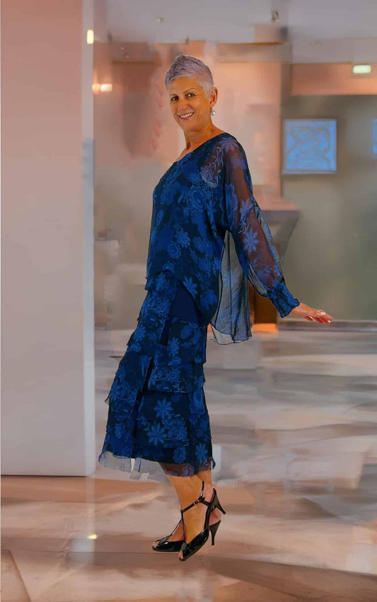 LA STRADA SILK LAYER DRESS IN DARK NAVY FLORAL WITH LONG SLEEVE