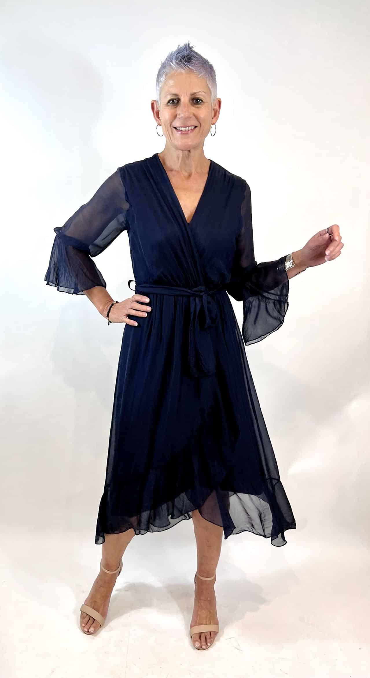 LA STRADA SILK CROSS OVER DRESS IN NAVY