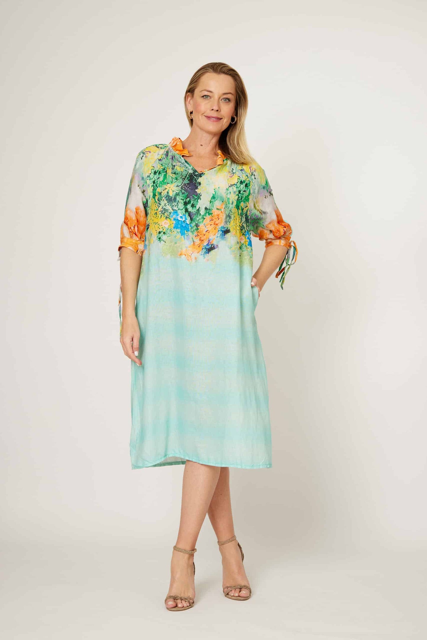 LA STRADA LINEN BLEND DRESS IN TEAL AND FLORAL