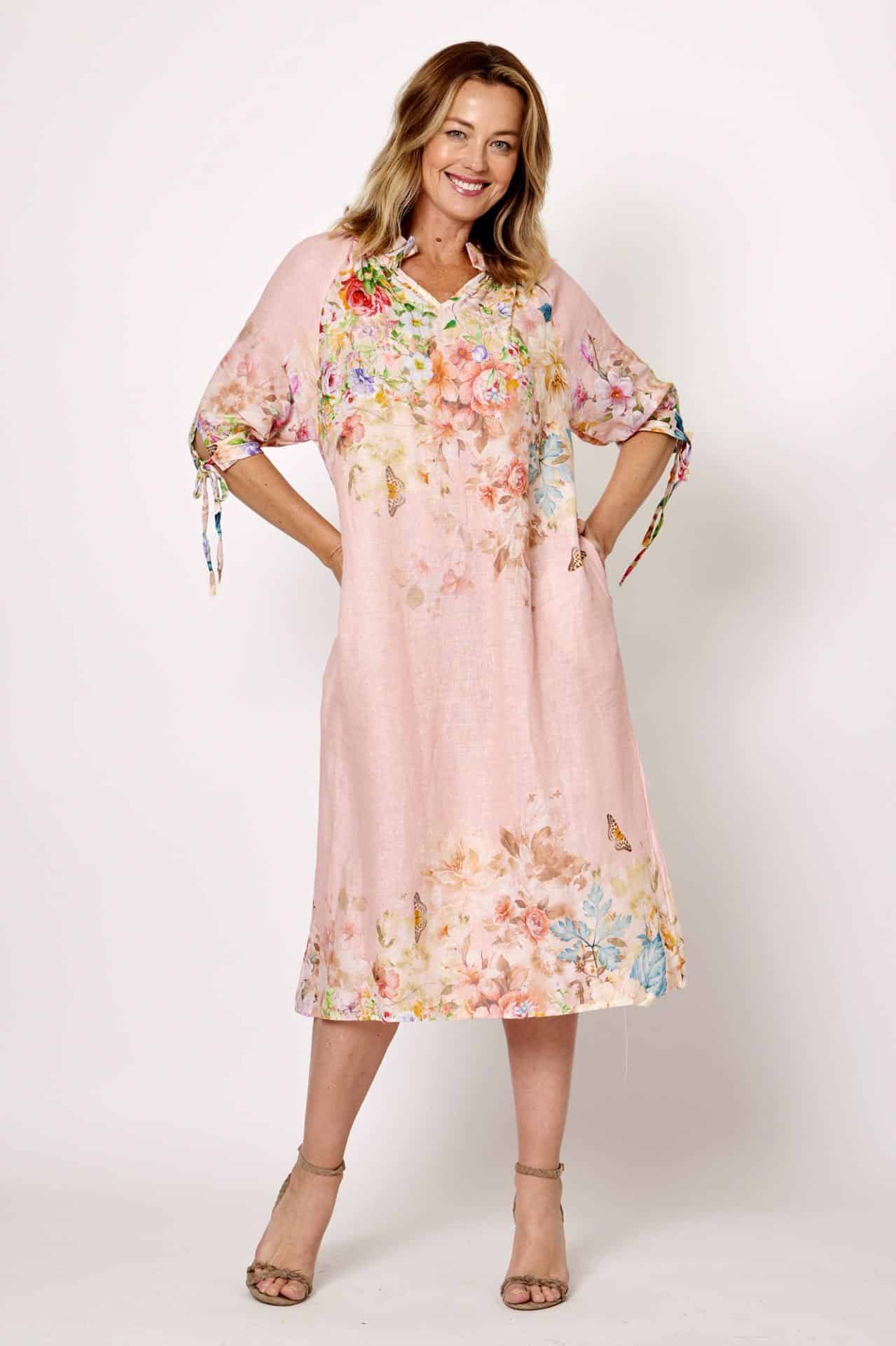 LA STRADA HIGH GATHERED COLLAR FLORAL COTTON BLEND DRESS