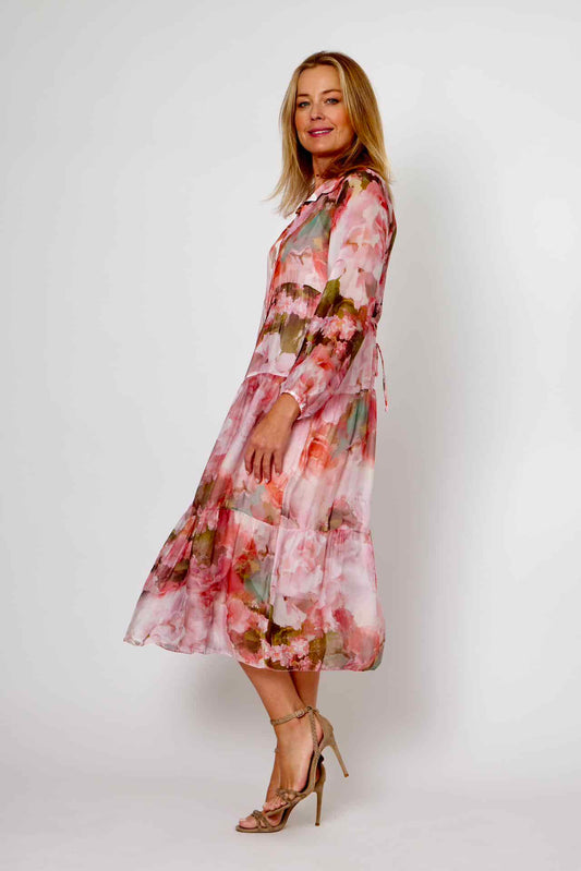 LA STRADA FLORAL SILK BUTTON DOWN TIER DRESS