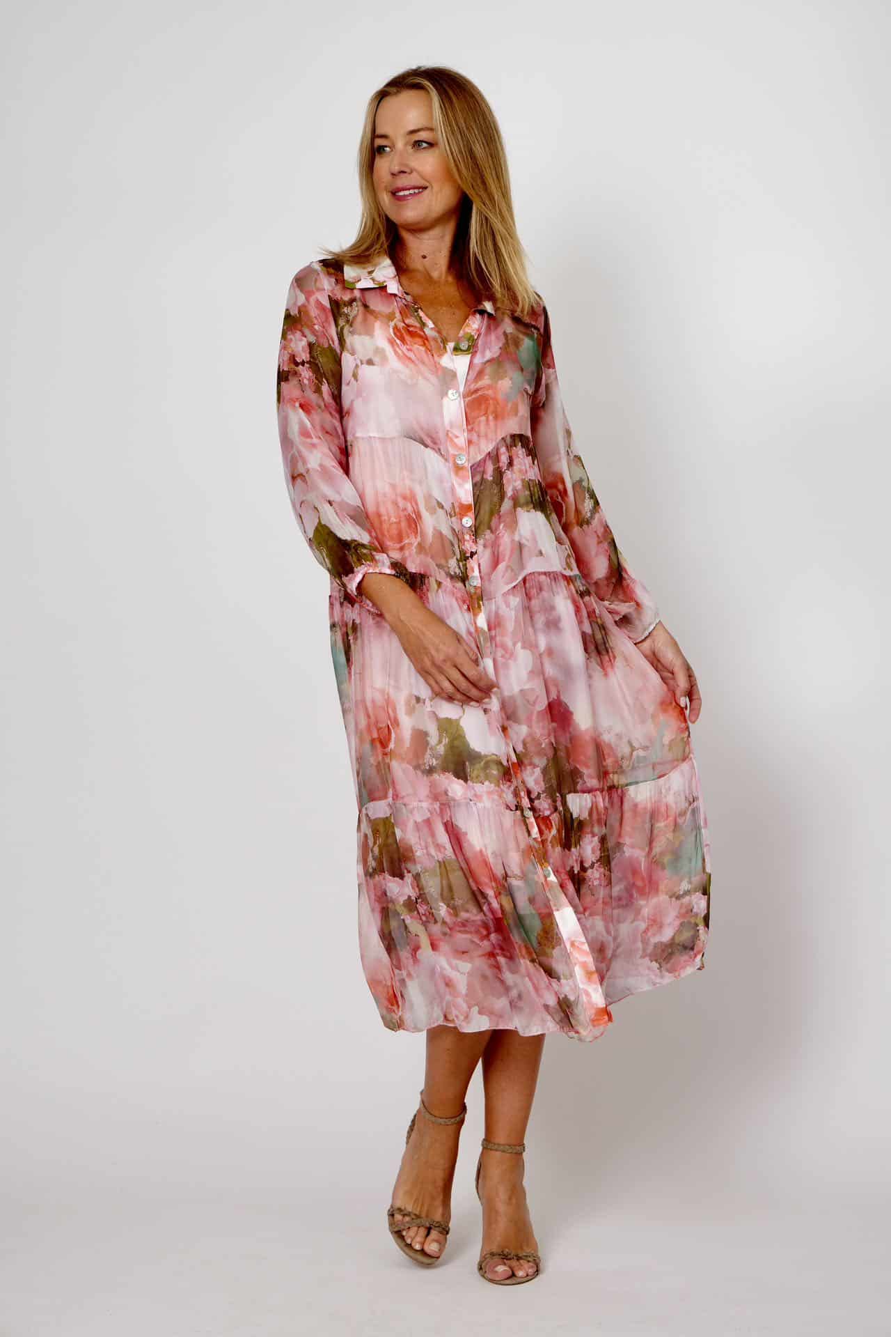 LA STRADA FLORAL SILK BUTTON DOWN TIER DRESS