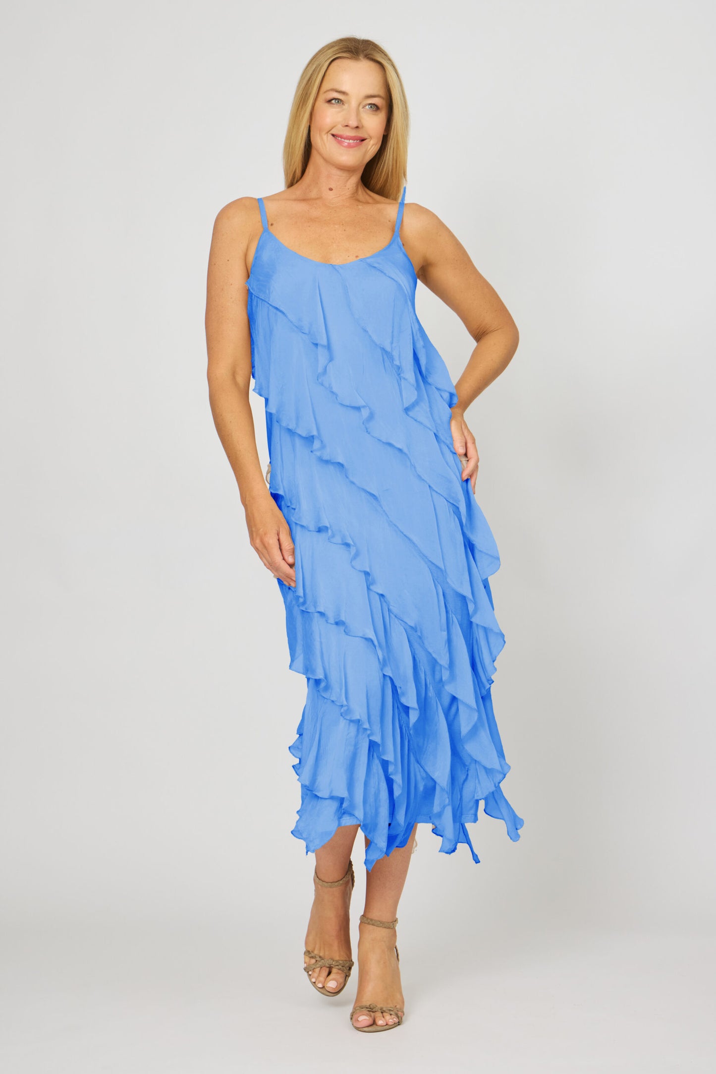 LA STRADA RUFFLED BIAS CUT DRESS IN BLUE