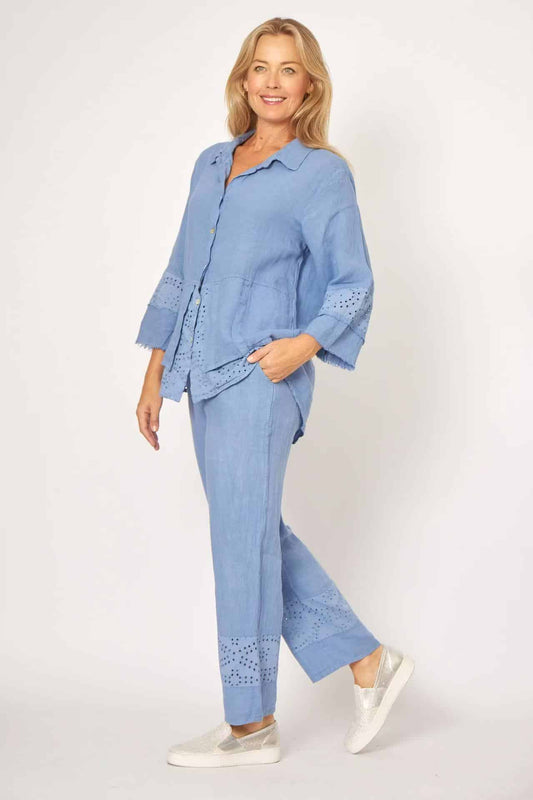 LA STRADA 100% LINEN EMBROIDERED PANEL SHIRT