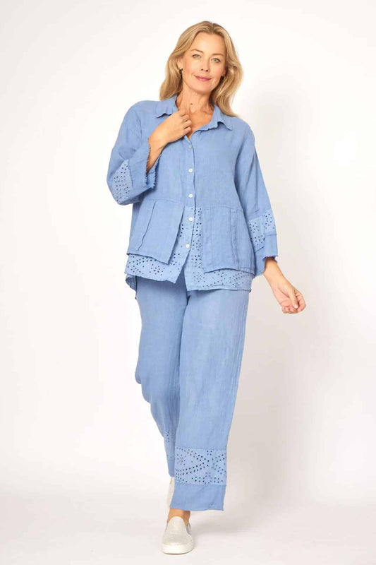 LA STRADA 100% LINEN EMBROIDERED PANEL SHIRT