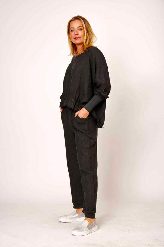 LA STRADA CHARCOAL LINEN TOP WITH GATHERED FRONT