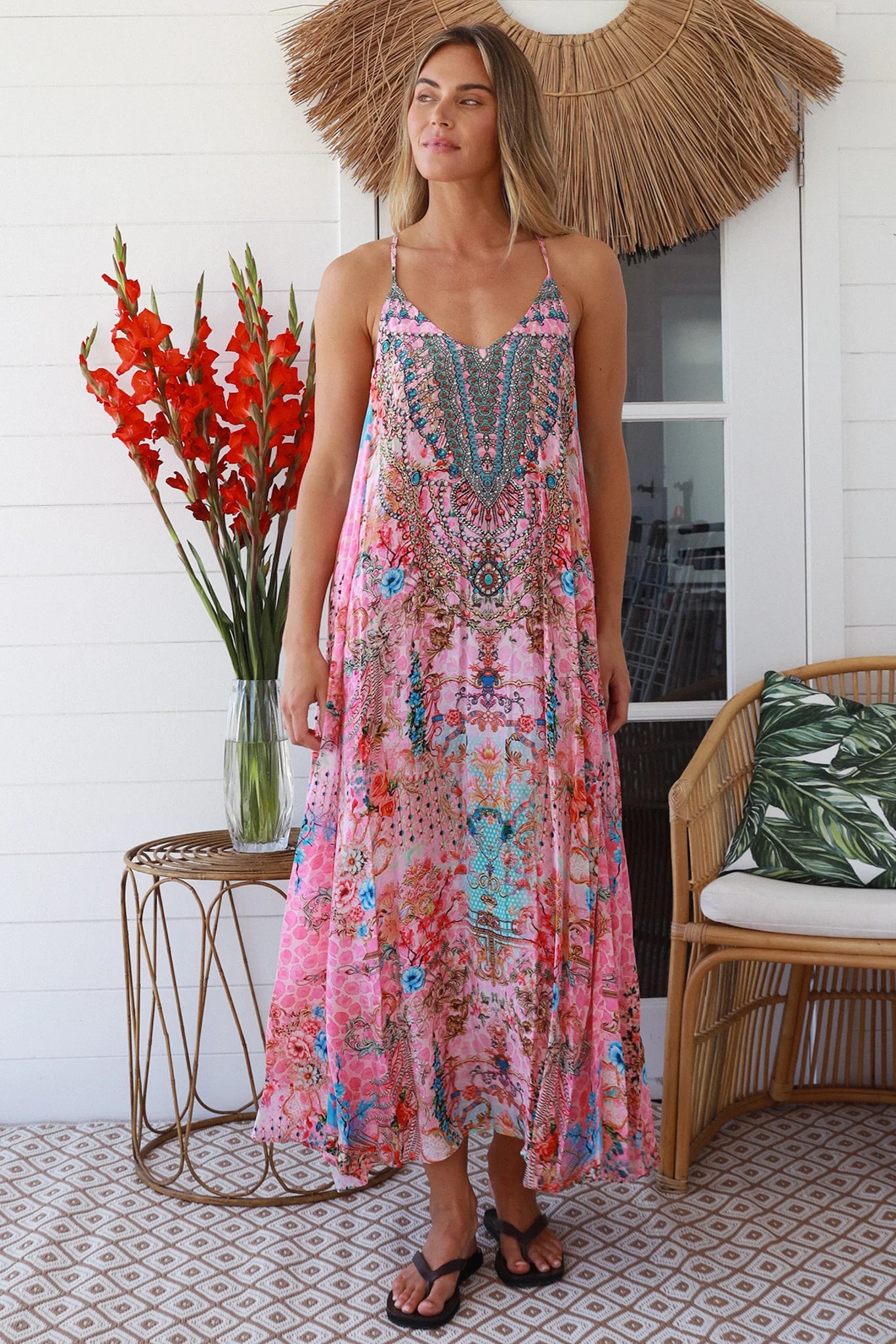PEACOCK FEATHER PINK ABSTRACT SUMMER DRESS