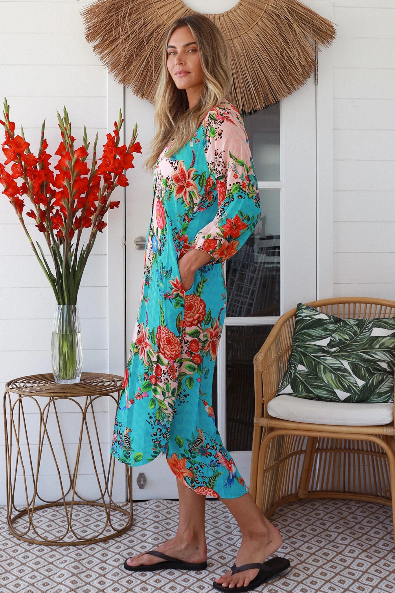 PEACOCK FEATHER SHIRT DRESS IN MULTI FLORAL