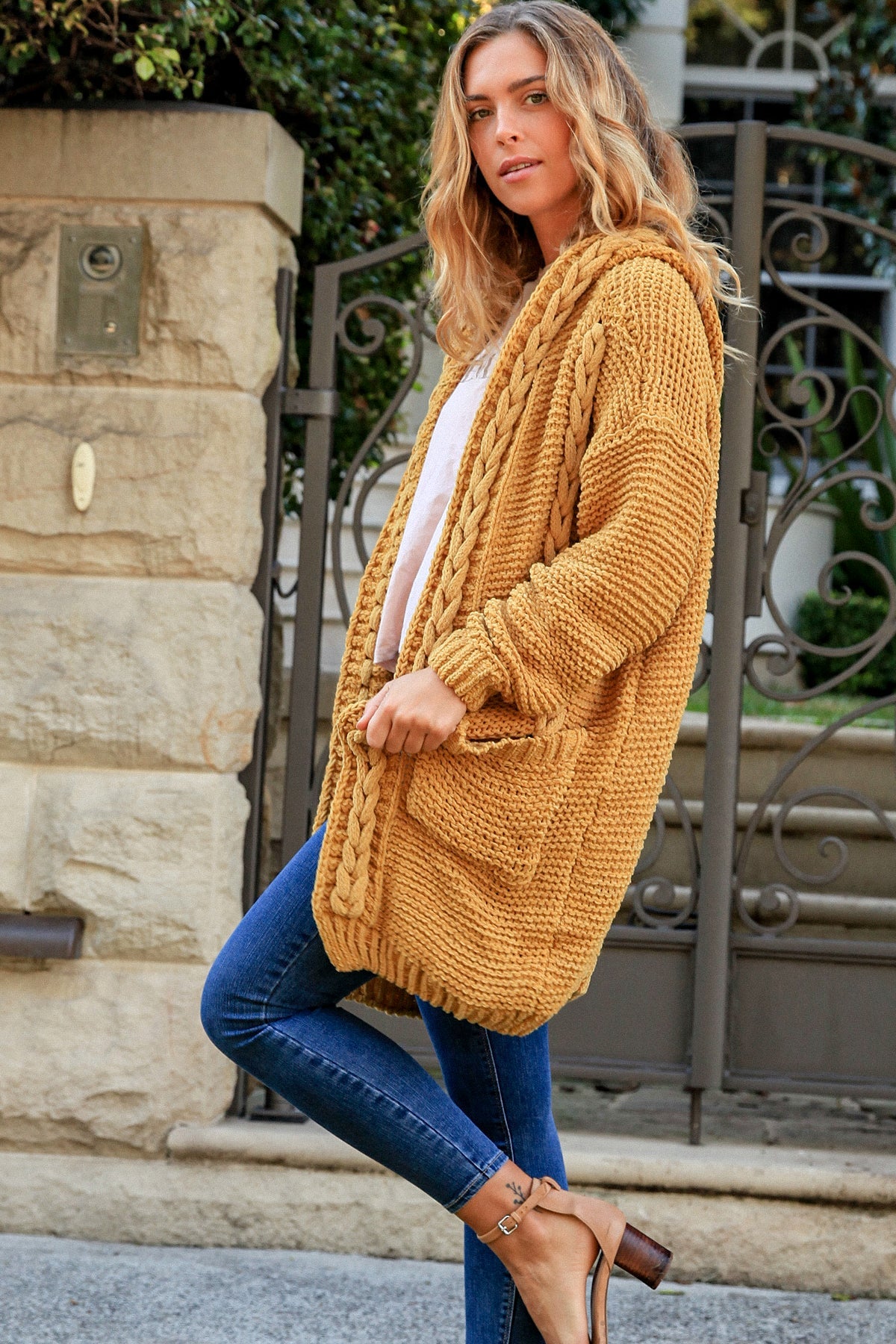 CHARLOTTE MUSTARD PLAIT WOOL BLEND CARDI