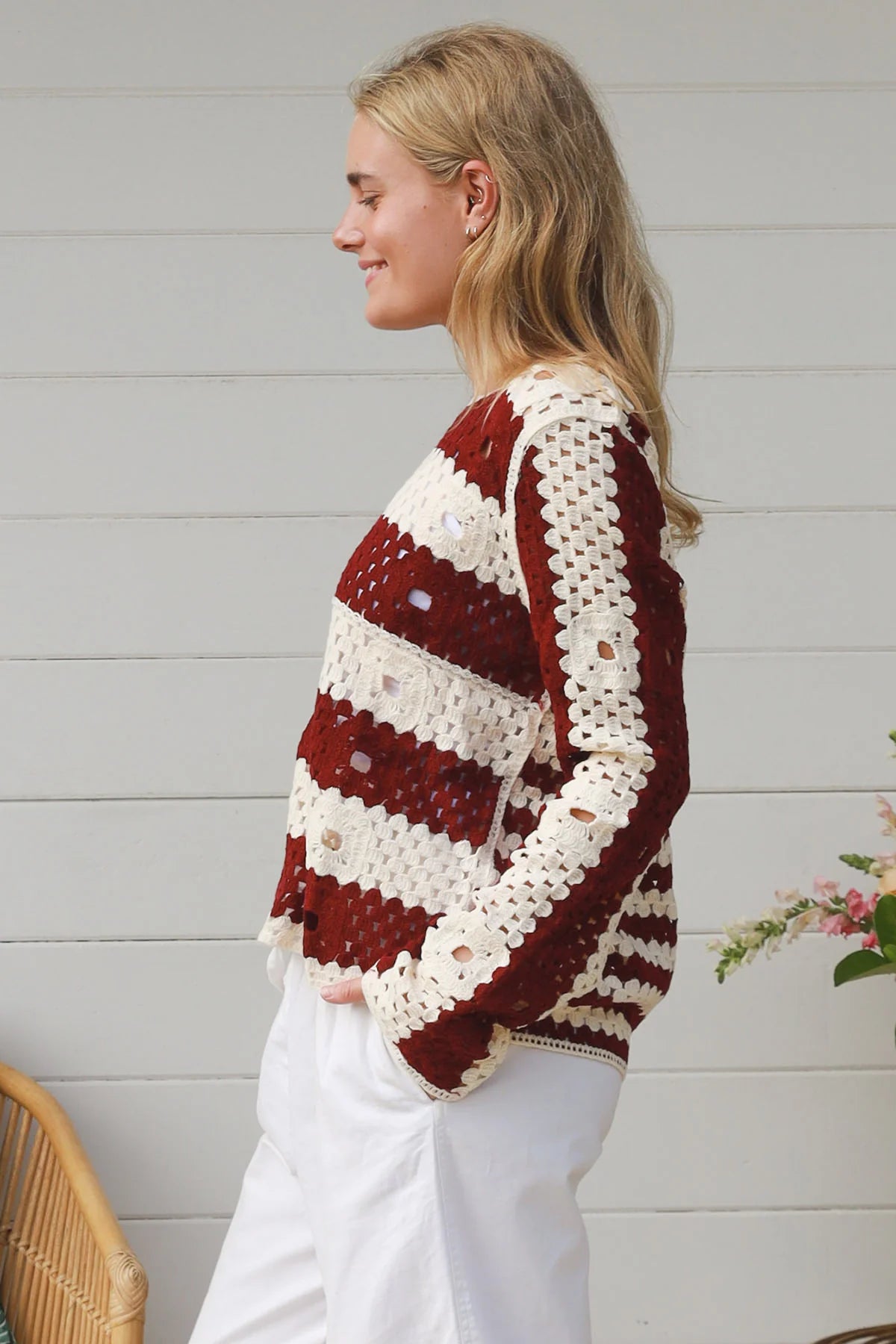 CHARLOTTE MAROON AND CREAM CROCHET TOP
