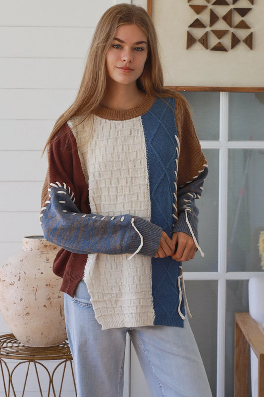 CHARLOTTE KNIT WITH LACE STITCH DETAIL IN BLUE EARTHY TONES