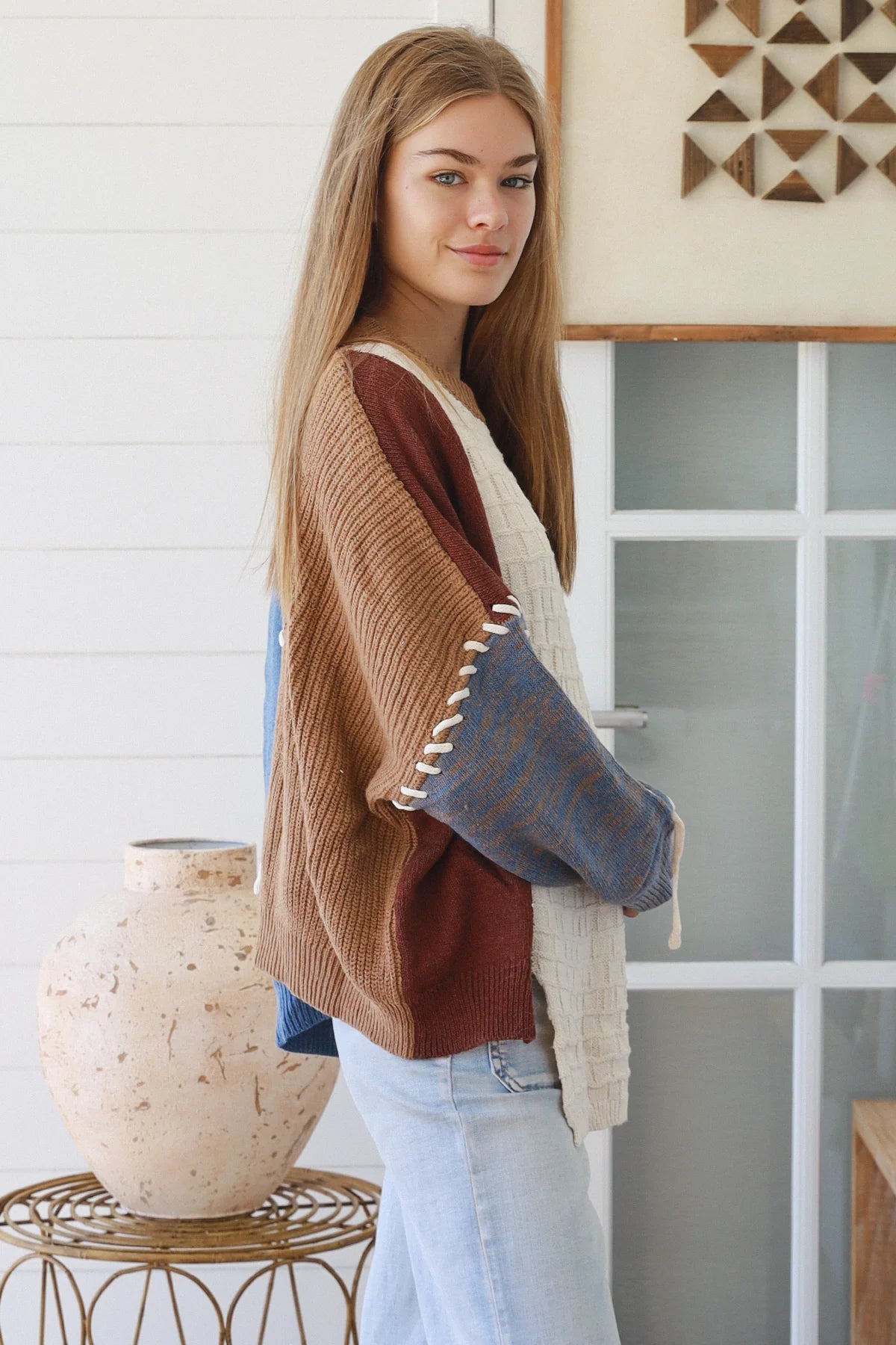 CHARLOTTE KNIT WITH LACE STITCH DETAIL IN BLUE EARTHY TONES