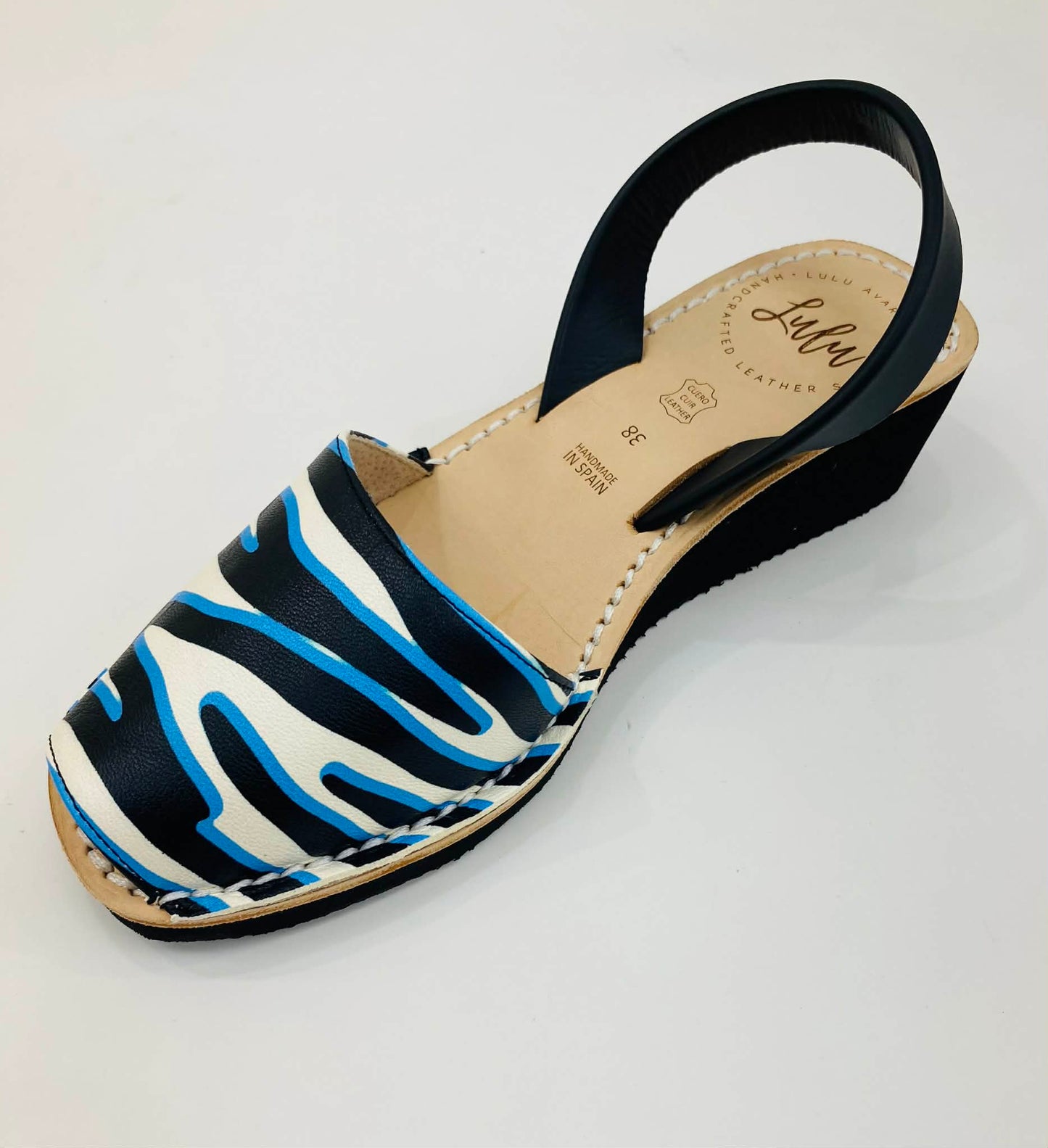 LULU AVARCAS BLUE ZEBRA BLACK WEDGE SANDAL
