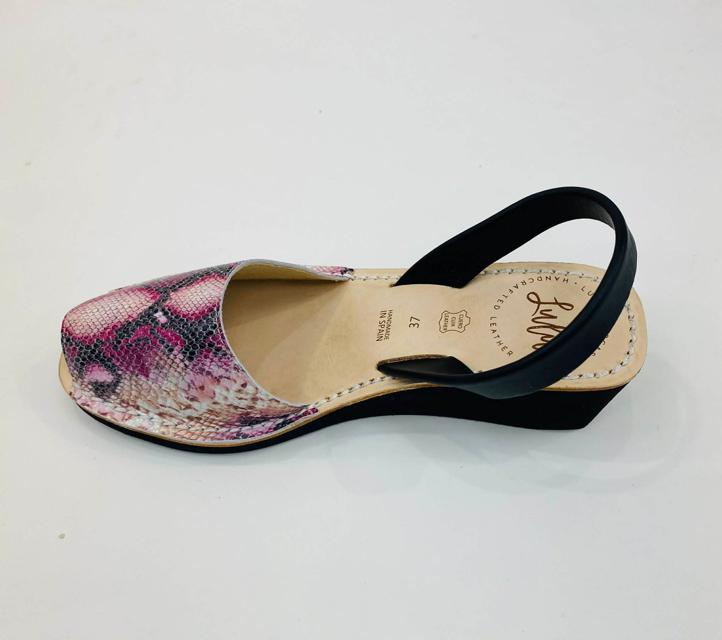 LULU AVARCAS PINK SNAKE BLACK WEDGE SANDAL