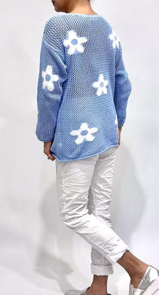 LA STRADA DAISY FLOWER KNIT TOP IN BLUE