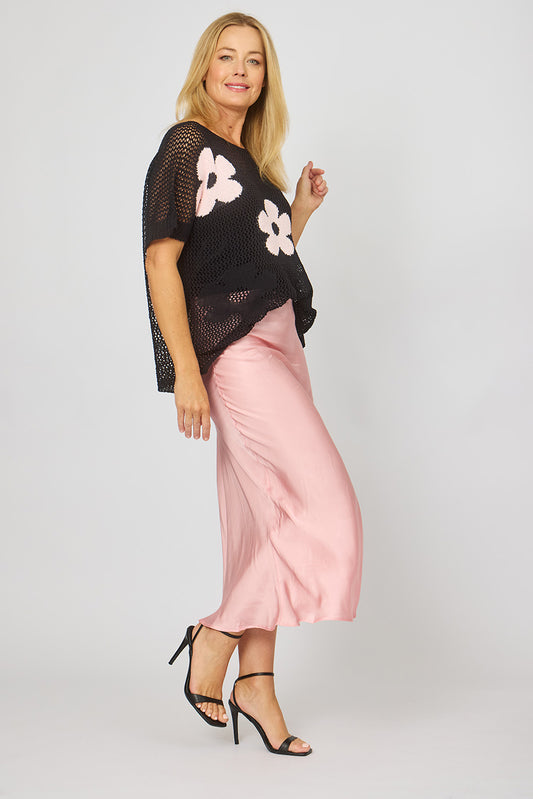 LA STRADA BLACK WITH PINK DAISY CROCHET TOP
