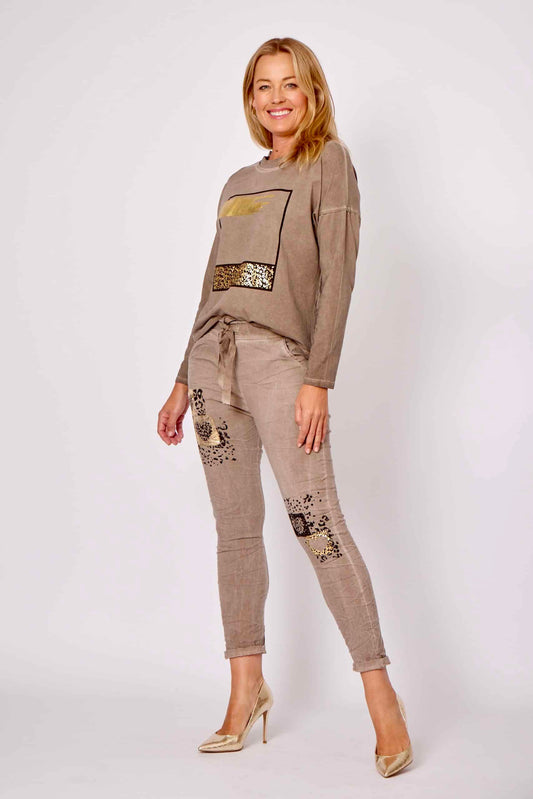 LA STRADA TAUPE PANT WITH BLACK AND GOLD