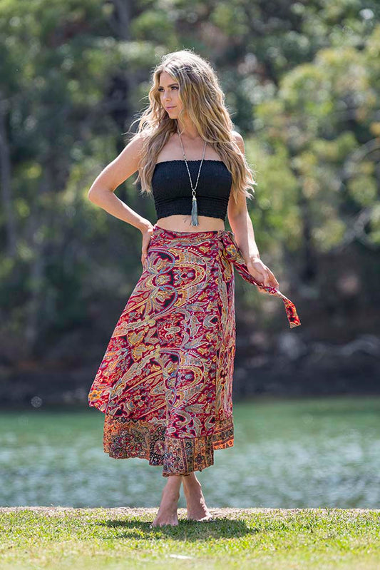 CIENNA WINE GOLD SILK BLEND WRAP SKIRT