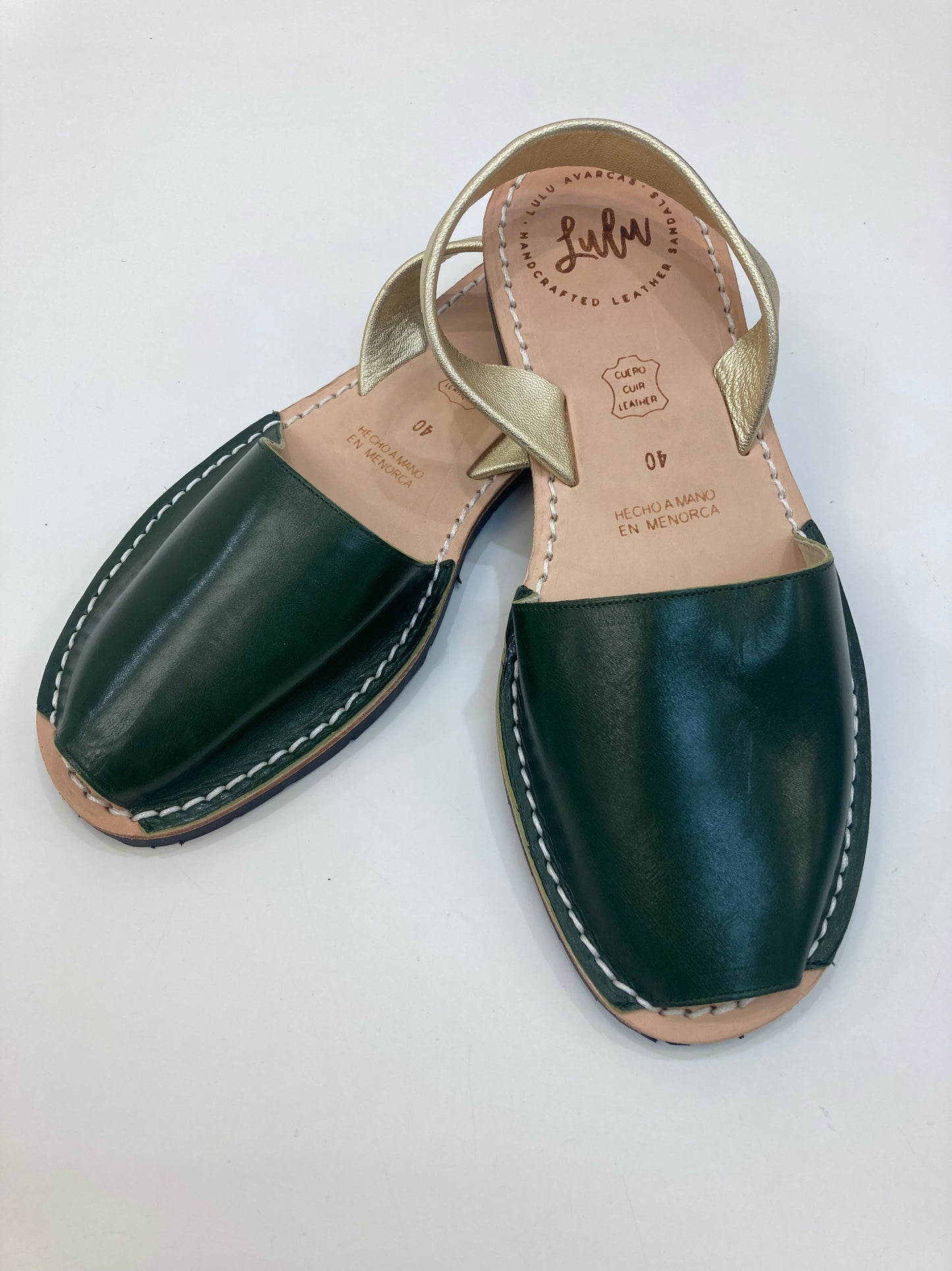 LULU AVARCAS FLAT IN FORREST GREEN WITH A GOLD STRAP