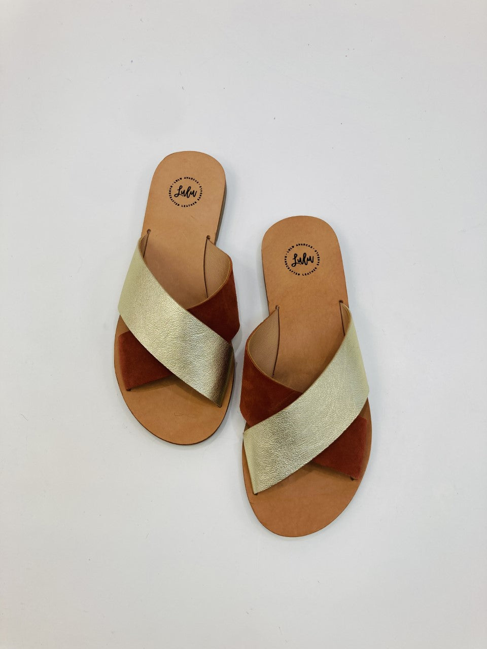LULU AVARCAS CROSS OVER LEATHER SLIDE IN RUST AND GOLD