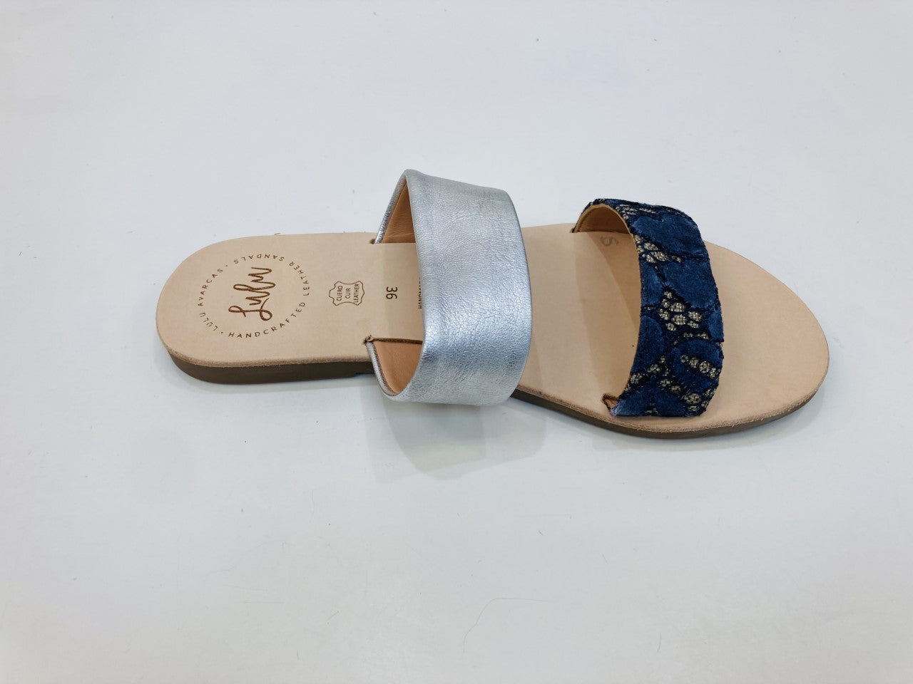 LULU AVARCAS 2 STRAP LEATHER SLIDE IN SILVER AND BLUE LACE