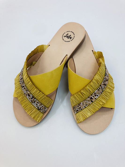 LULU AVARCAS LEATHER CROSS OVER IN MUSTARD WITH BEADED DETAIL