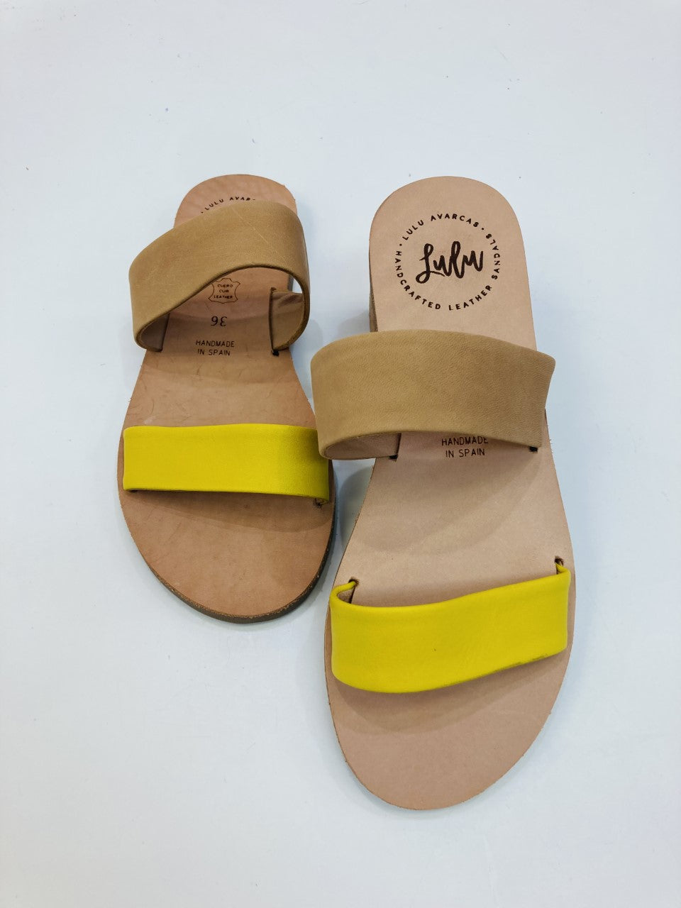 LULU AVARCAS 2 STRAP LEATHER SLIDE IN TAN AND MUSTARD but