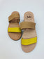 LULU AVARCAS 2 STRAP LEATHER SLIDE IN TAN AND MUSTARD but