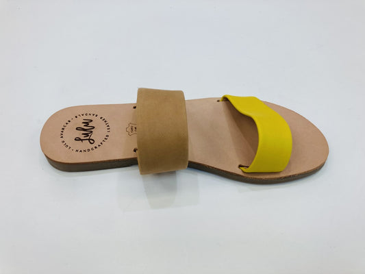 LULU AVARCAS 2 STRAP LEATHER SLIDE IN TAN AND MUSTARD but
