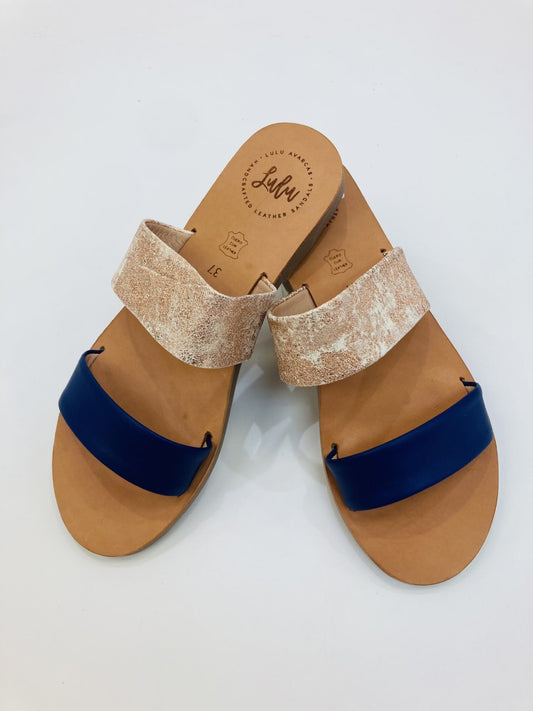 LULU AVARCAS LEATHER 2 STRAP SLIDE IN NAVY AND ROSE GOLD