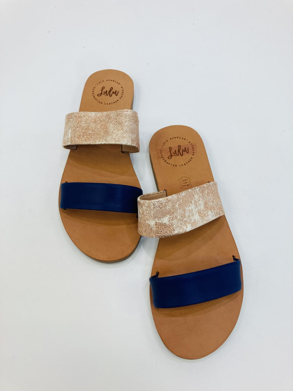 LULU AVARCAS LEATHER 2 STRAP SLIDE IN NAVY AND ROSE GOLD