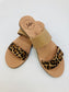 LULU AVARCAS 2 STRAP LEATHER SLIDE IN TAN AND ANIMAL PRINT