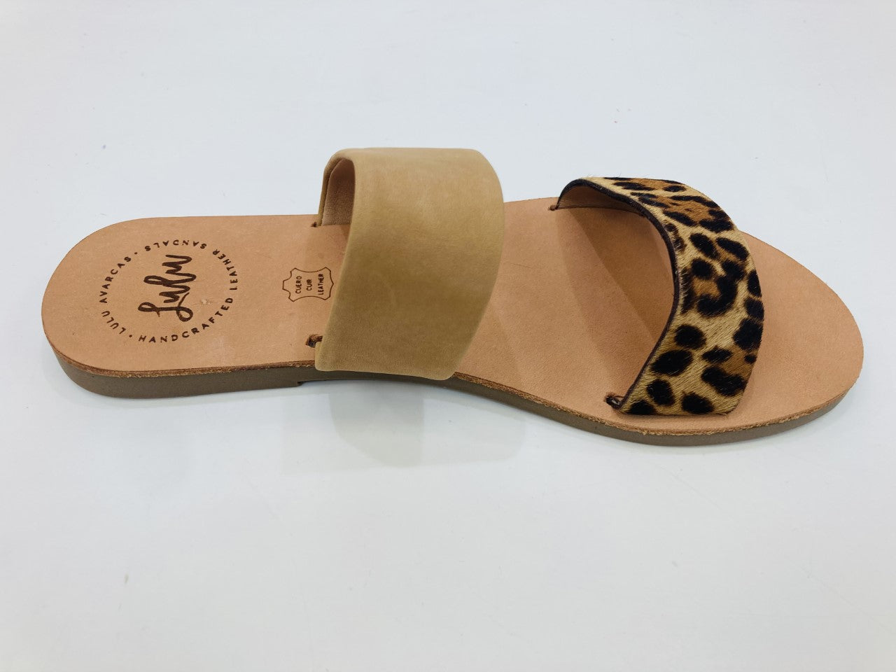 LULU AVARCAS 2 STRAP LEATHER SLIDE IN TAN AND ANIMAL PRINT